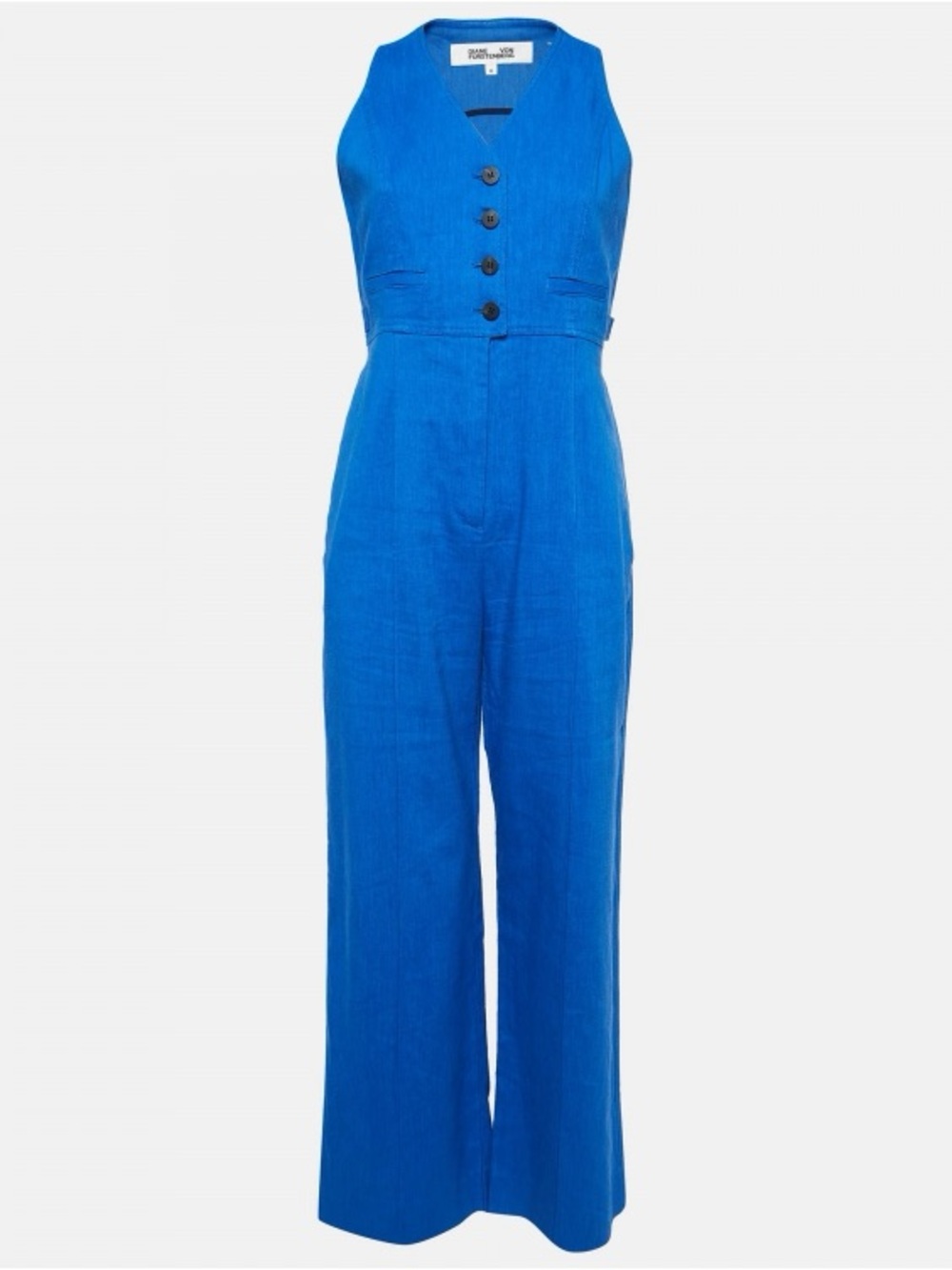 Diane von Furstenberg Sleeveless Button-Up Fitted Linen Jumpsuit sz 4